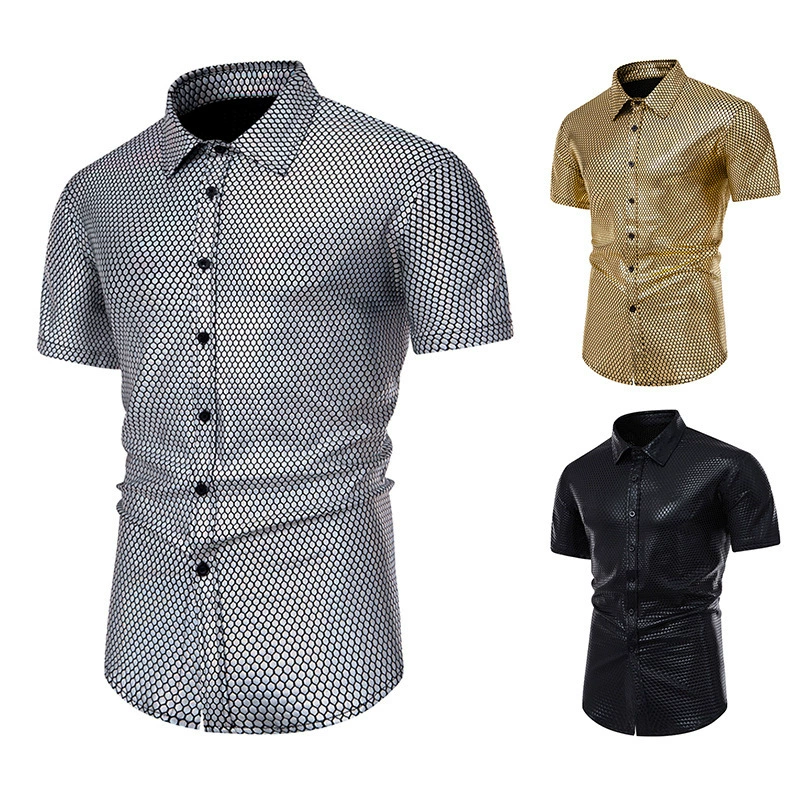 Новая летняя мужская ретро-рубашка в стиле диско с коротким рукавом, с золотым тиснением, для выступлений, стильная, в наличии на складе, для трансграничной торговли