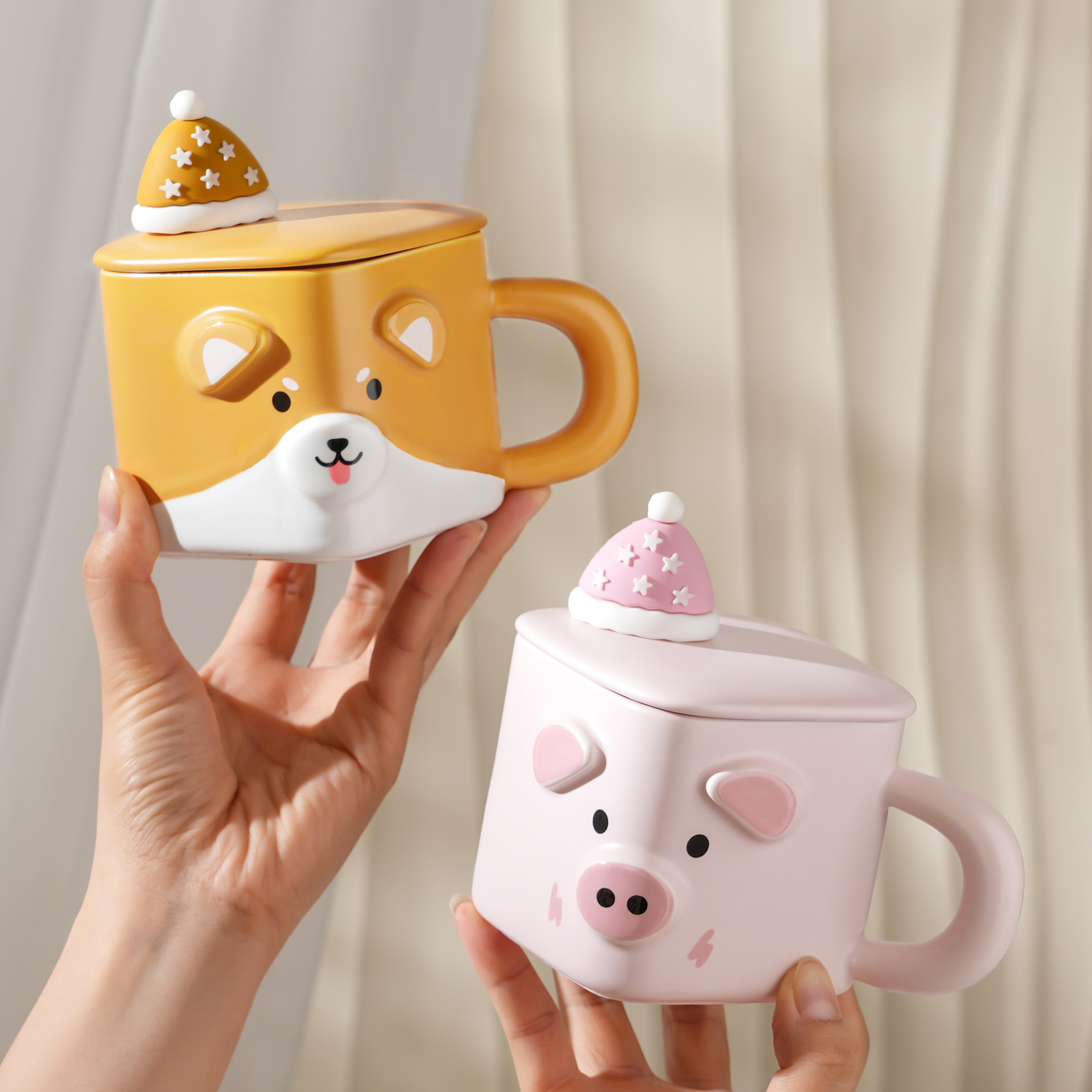 Taza de cerámica animal con forma de mascota linda de dibujos animados creativos con tapa Taza de agua de oficina doméstica de alto valor Taza de pareja