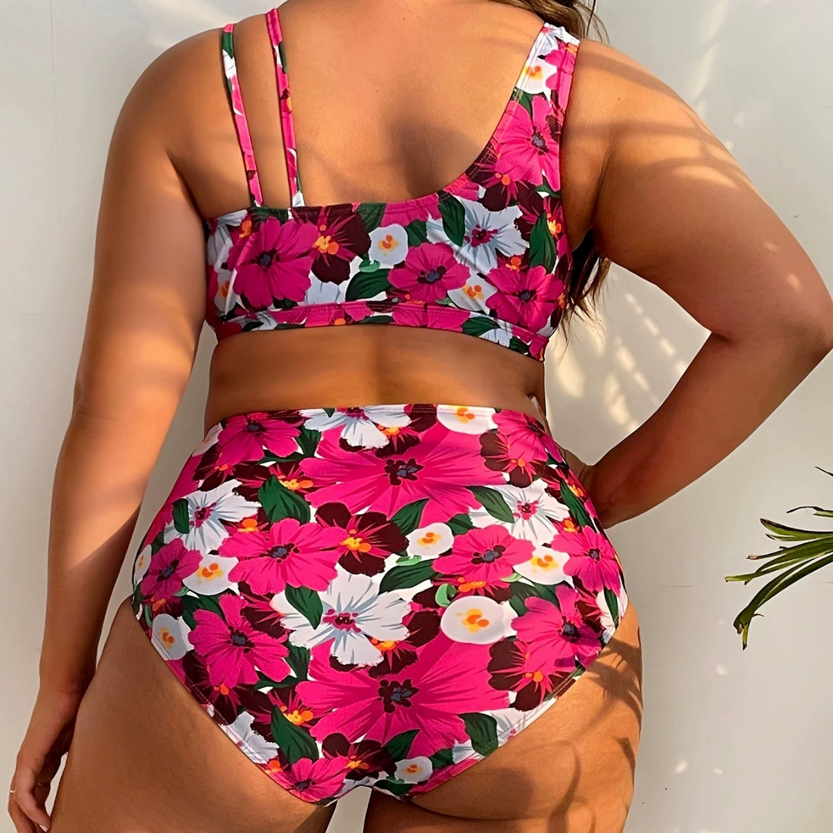 Раздельный купальник plus size, цветочный принт, высокая талия, городской европейский стиль (2–5XL)