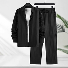 跨境外贸秋季新款男装长袖长裤衬衫单排扣翻领套装男士时尚潮流款