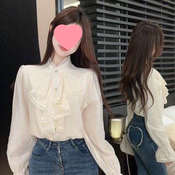 French-Style Ruffled Shirt for Women, New Model with Stand Collar, Chiffon Inner Layer, Court-Style Bell Sleeves, Lace Top