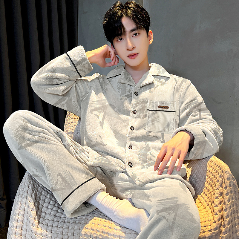 Pajamas Men's Coral Velvet Autumn and Winter Fleece-Lined Thickeneded Boys' Zipper Warm Flannel Men's Winter Home Clothes