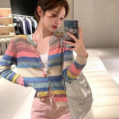土星刺绣针织衫女氛围感早秋新款彩虹彩色条纹衫休闲开衫外套上衣