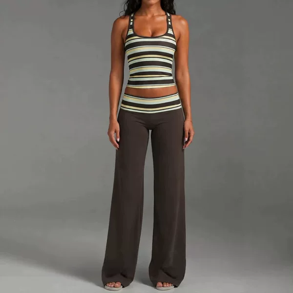 Amazon 2026 European and American Cross-Border Summer New Casual Sleeveless U-Neck Slim Striped Top and Loose Pants Set