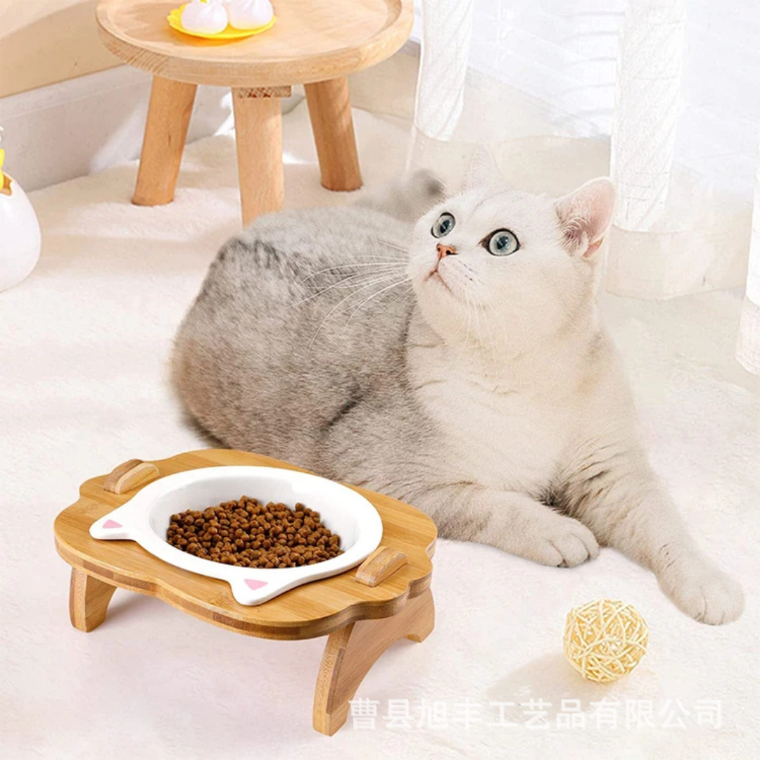 가정용 나무 애완 동물 제품 고양이 그릇 랙 자궁 경부 베르테브라 상승 식품 분지 랙 작은 단일 고양이 그릇 공급 랙 브래킷