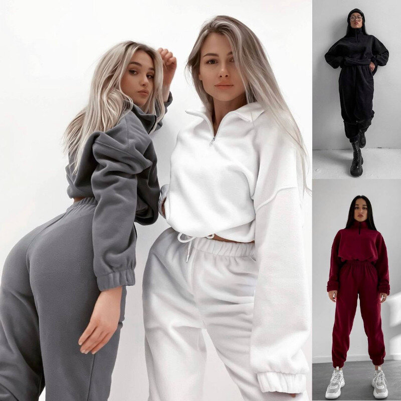 Women's Fashion Two Piece Set 2024 Spring and Autumn New Casual Loose Zipper Standing Collar Sweater_voghion.com