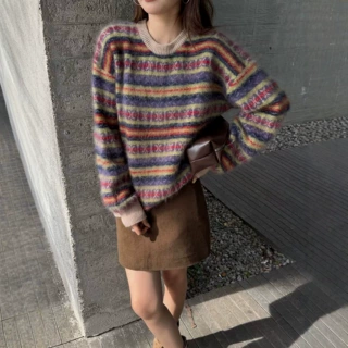拉绒桑蚕丝羊绒羊毛衫女士圆领加厚毛衣复古费尔岛提花长袖套头衫