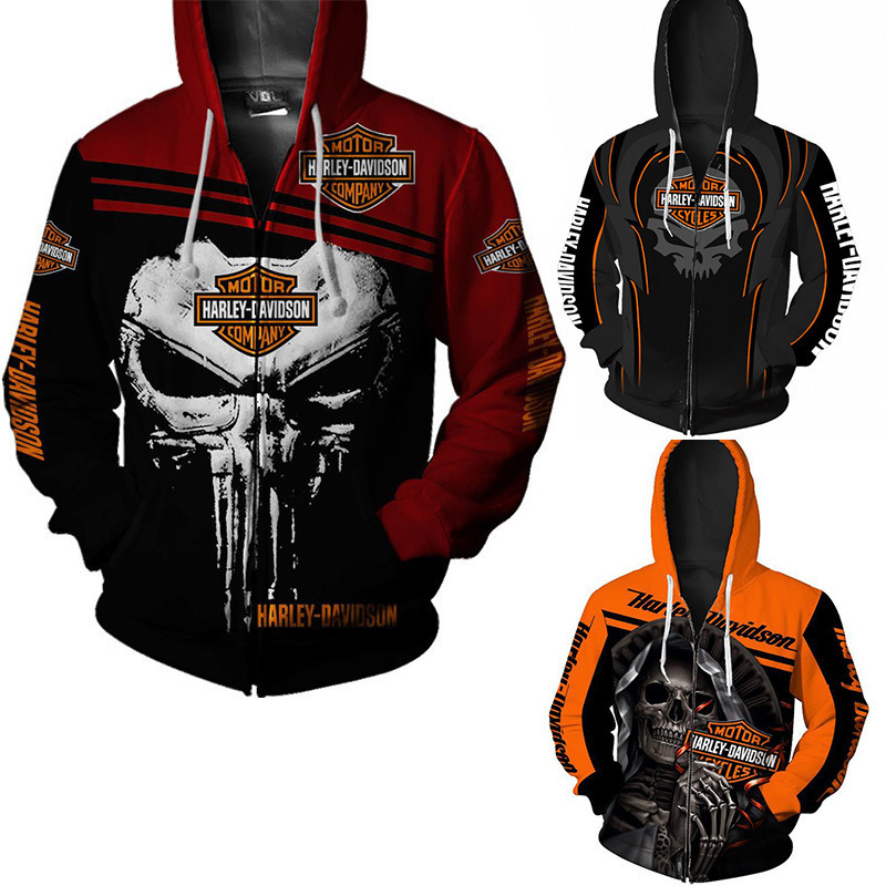 2023 European and American Foreign trade new men's Harley car logo 3d digital printing hoodie sweater zipper cardigan coat