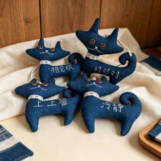 手工蓝靛染蓝染手工刺绣大眼猫挂件布偶动物公仔非遗文创民族礼品