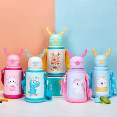 Cartoon antlers children's thermos cup for baby to go to school special kettle vacuum water cup anti-fall portable cup set bouncing cup