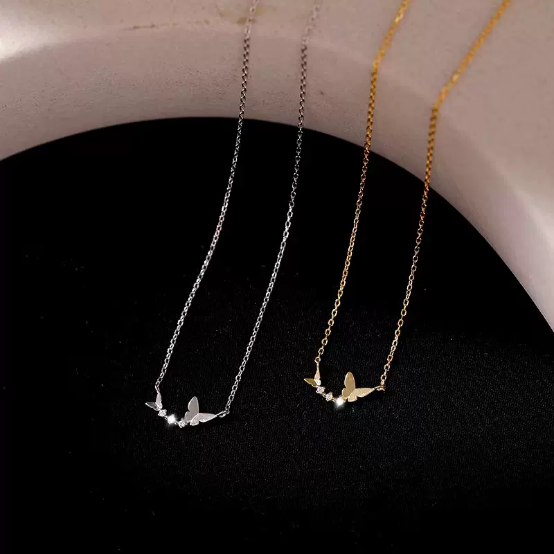 S925纯银双蝴蝶项链女韩版轻奢感甜美气质小众弧形镶钻锁骨链