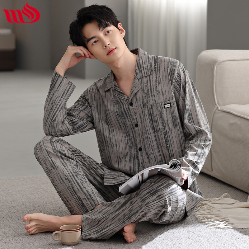 Mulong Shijia Men's Spring and Autumn Pure Cotton Pajamas with Long Sleeves and Long Pants, Cool Cotton Casual Loose Cardigan Set Suitable for Wearing Outside