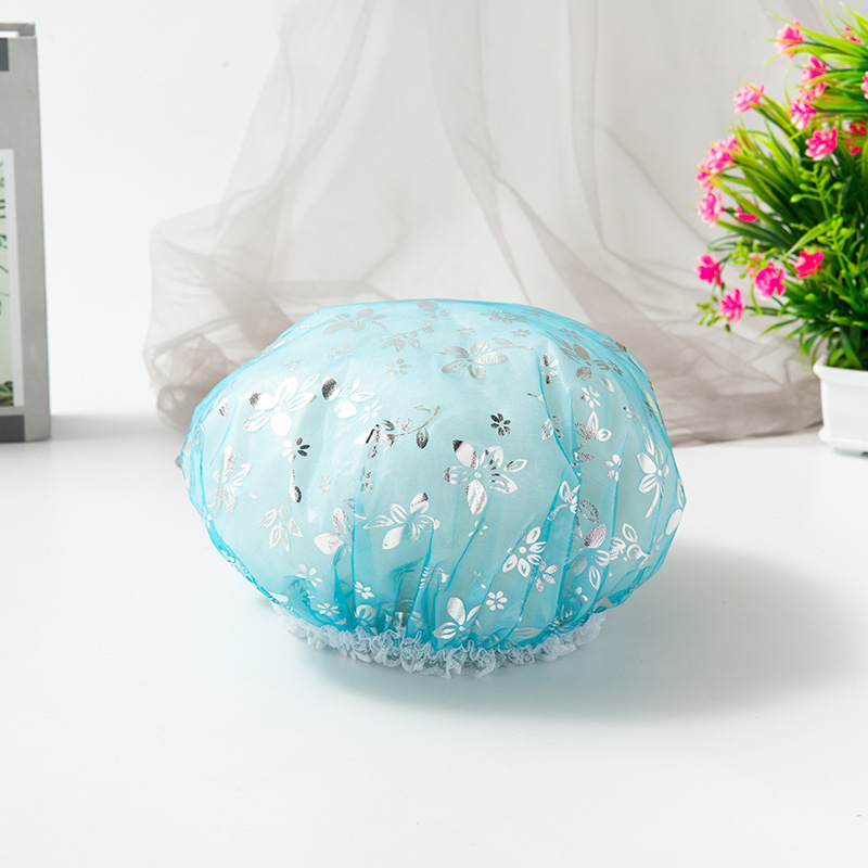Double Layer Waterproof Shower Cap With Lace Trim And Floral Print_voghion.com