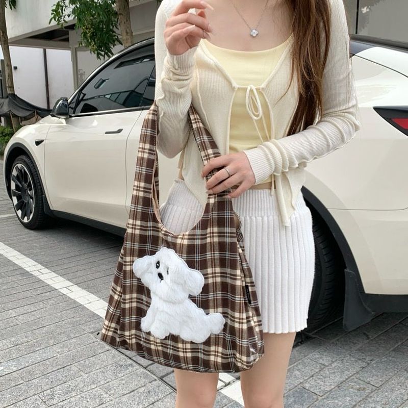 秋冬时尚毛绒卡通小熊格子背心包学生大容量帆布袋少女休闲单肩包|undefined
