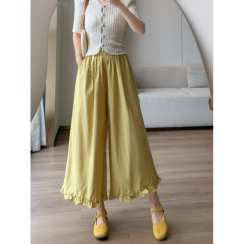 白韓国スタイル木耳レースリネンワイドレッグパンツ女性の夏のハイウエストストレートカジュアル小柄マイクロフレアパンツ|undefined