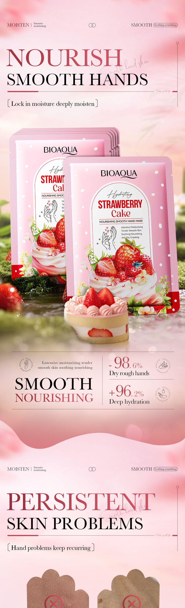 BIOAOUA Strawberry Cake Maschera mani nutriente e liscia 40 ml/paio Maschera mani autunno e inverno_voghion.com