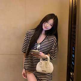 5223# 夏季新款女装 罗纹 条纹拼接韩风百搭上衣宽松潮女