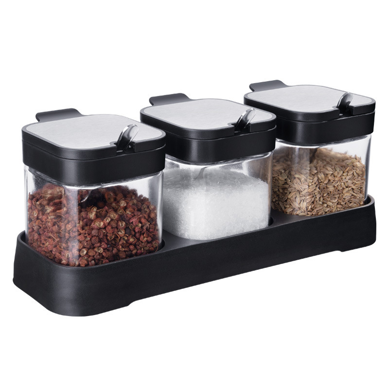 4智贝主图厂家直销耐热玻璃调料罐翻盖调味盒带勺调料盒调味瓶调