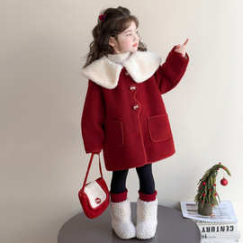 女童呢子外套秋冬2025新款红色毛呢大衣儿童加绒加厚娃娃领拜年服