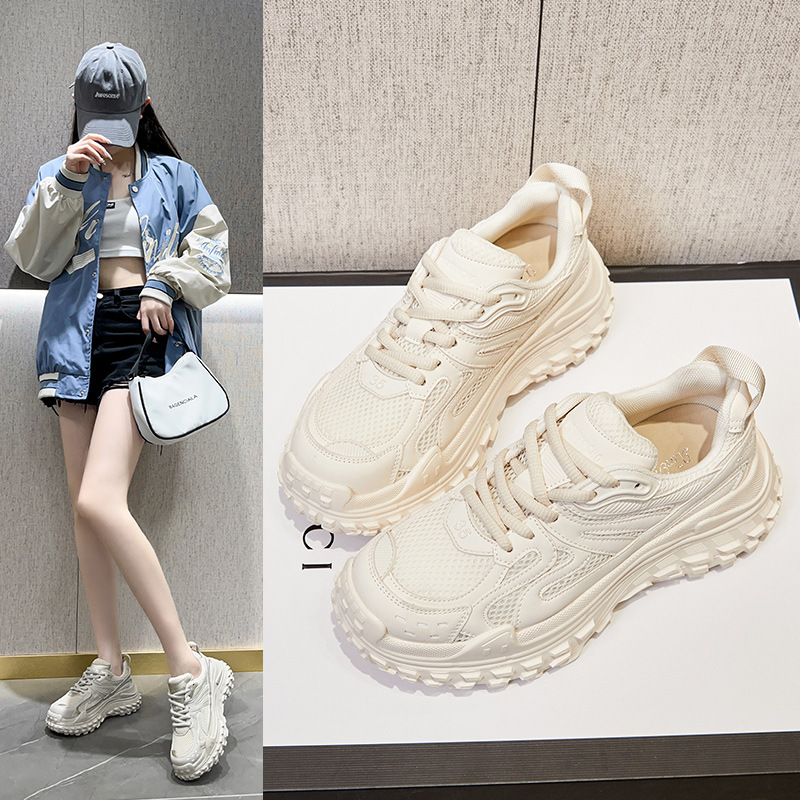 巴慕秀厚底老爹鞋女2022夏季薄款透气休闲鞋圆头系带运动女鞋潮女