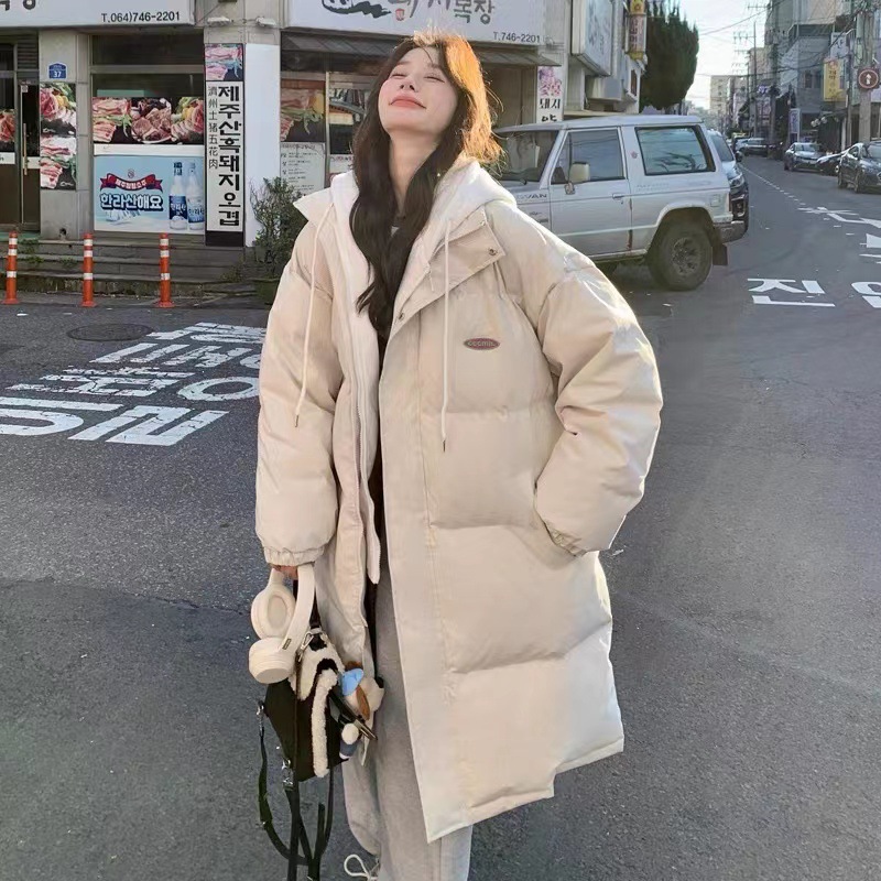 아카데미 스타일 가짜 투피스 후드 미드 길이 다운 코튼 패딩 재킷 여성의 두꺼운 겨울 새 빵 코트 유행 코튼 패딩 재킷