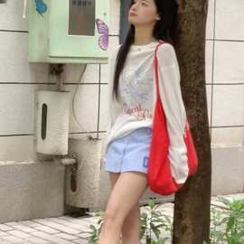 宽松防晒罩衫印花女上衣设计新款白色韩系chic长袖t恤夏季正肩感