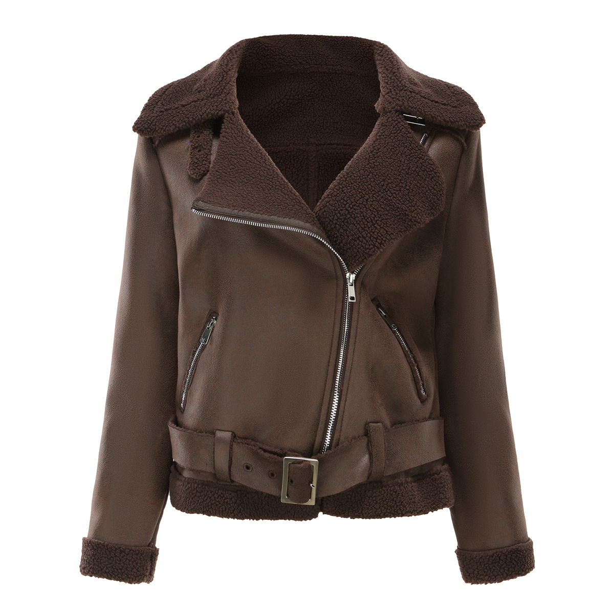 Cappotto con bavero da donna in pelle con pelliccia calda integrata autunno/inverno 2024 con cintura_voghion.com