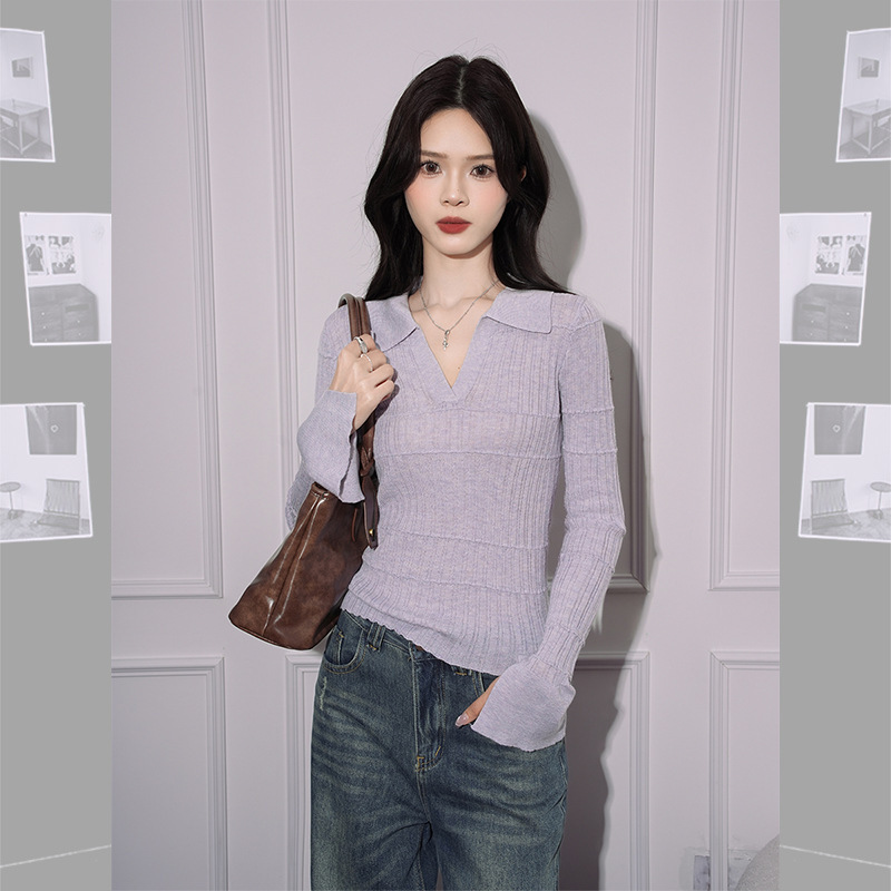 Jiyou Spicy Girl Polo Collar Knitted Base Shirt T-Shirt for Women, Autumn High-End Slim Long-Sleeve Inner Top Trendy