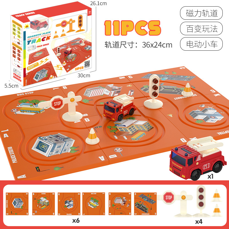 Tiktok niños educativos pista magnética coche fuego ingeniería vehículo DIY variedad rompecabezas eléctrico pista coche