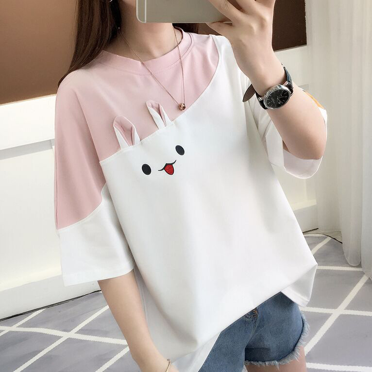 2023 verano nuevo conejo bordado estilo coreano color coincidencia camiseta estudiante superior suelta manga corta ropa de mujer tienda de una sola pieza image 5