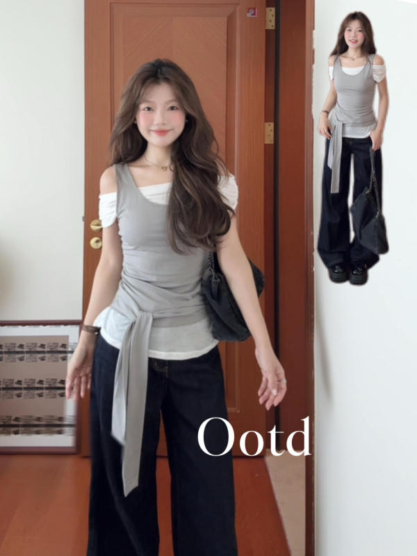 韩系一字露肩假两件短袖t恤女夏季设计感辣妹修身收腰绑带上衣ins|undefined