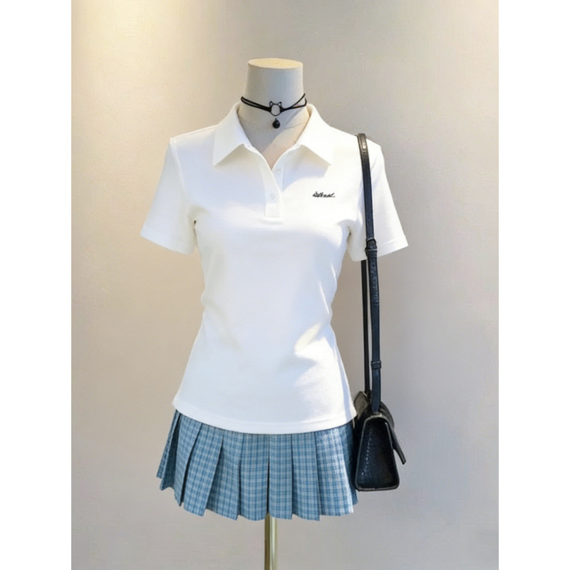 Waist-Cinching Polo Short-Sleeve Shirt for Women, Japanese-Style New School Uniform Shirt, Summer T-Shirt, Southeast Asian Top