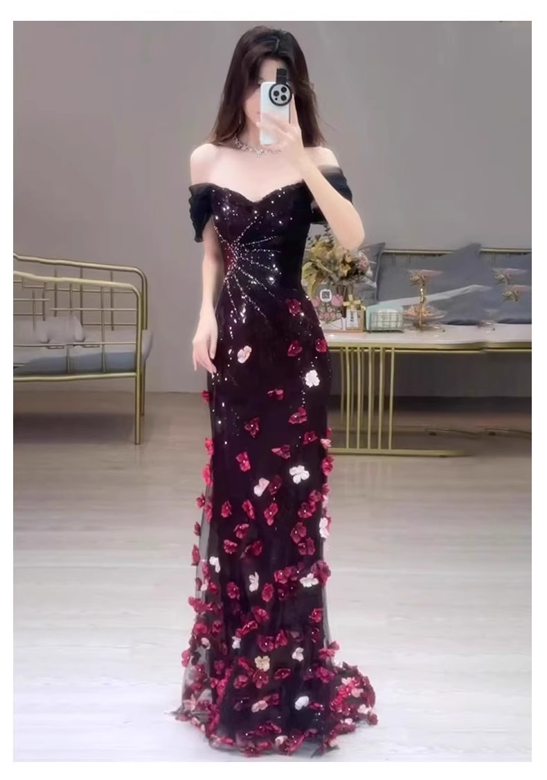 Off The Shoulder Bridal Toast Dress Floral Sequined Ethereal Beauty Mermaid Evening Gown For Engagement Party Hostess Style_ecoleips.com