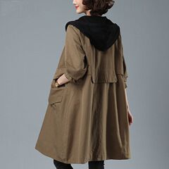 中老年风衣女秋季2025年新款韩版宽松夹克拼接撞色连帽百搭外套女