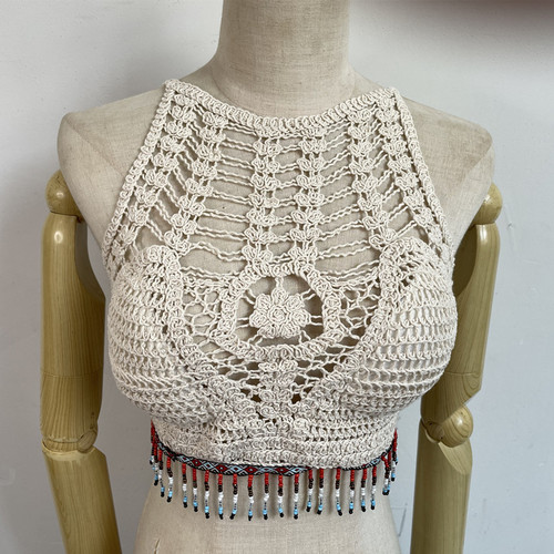 Beading Ethnic Style Strapless Backless Top for Beach Vacation, Adjustable Neck Cord, Lacy Weave, Trendy Off-the-Shoulder Blouse