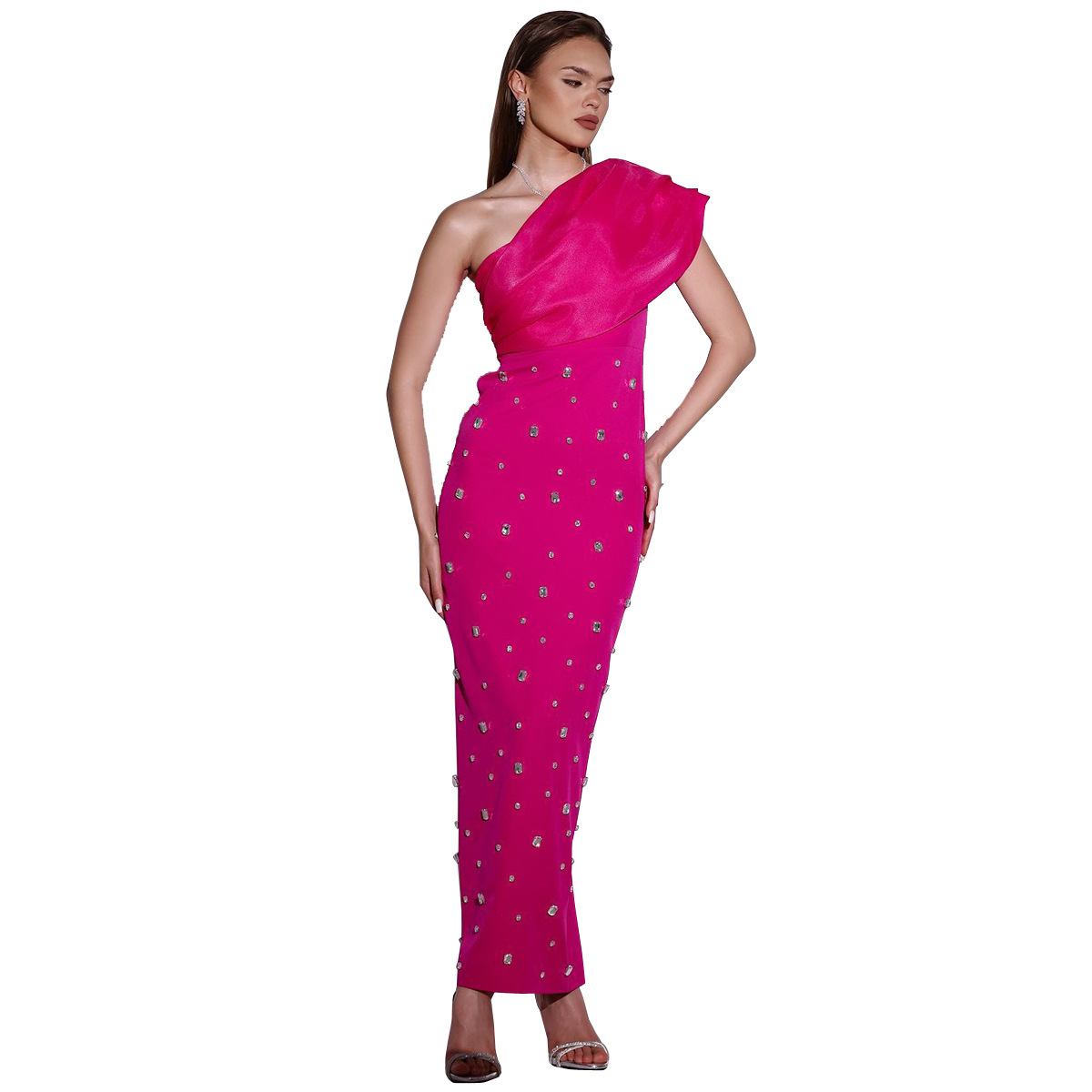 Europa y los Estados Unidos ropa de mujer de alta elasticidad elegante hombro inclinado vestido de fiesta de diamantes vestido de gala vestido de noche vestido largo
