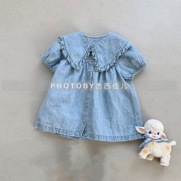 Girls Ins Korean Style Spring and Summer New dress Children's Lace Large Lapel Puff Sleeve Denim Princess Doll Dress