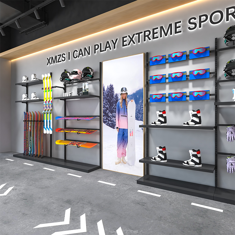 Esquí de nieve cascos de locomotora negros tienda de ropa estante de exhibición artículos deportivos estante de ropa de hombre retro