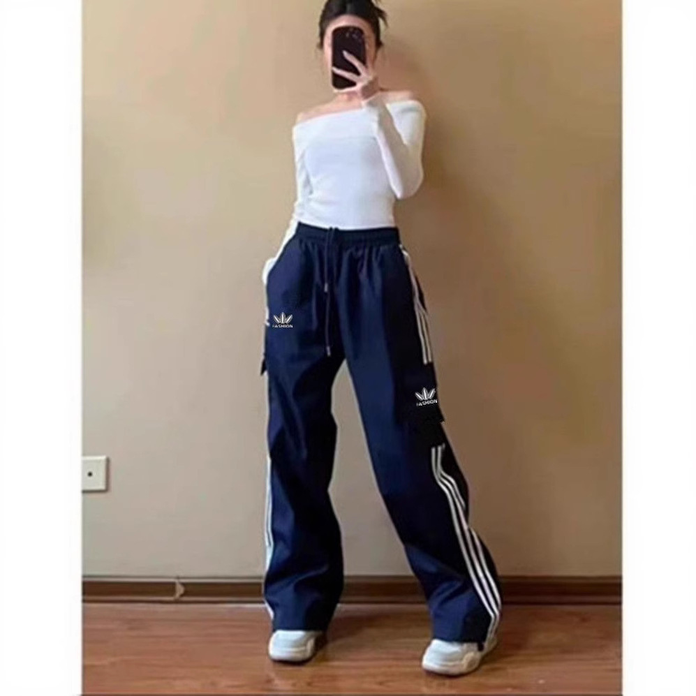 Three-Stripe Sports Casual Pants for Women 2025 Loose Straight High-Waisted Lined Wide-Leg Cargo Pants Trendy Retro Style
