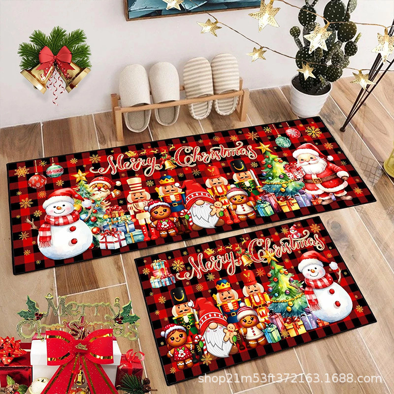 Cross-Border Temu Christmas Atmosphere Kitchen Absorbent Non-Slip Floor Mat Holiday Decoration Kitchen Two-Piece Mat Set