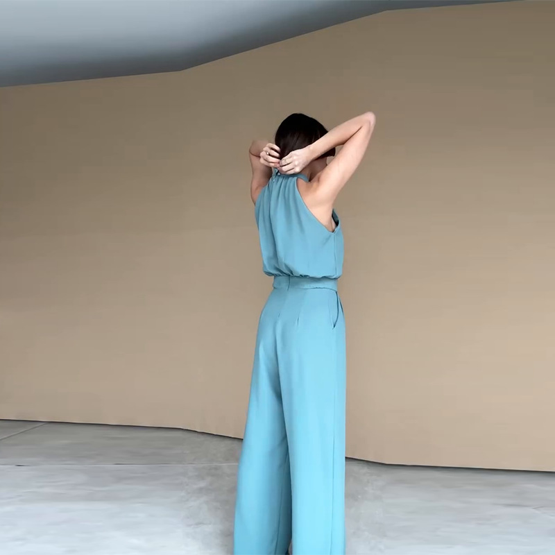 2025 nuevo comercio exterior transfronterizo de Europa y América Amazon ropa de mujer cuello redondo alto sin mangas cintura suelta plantares sólidos image 3