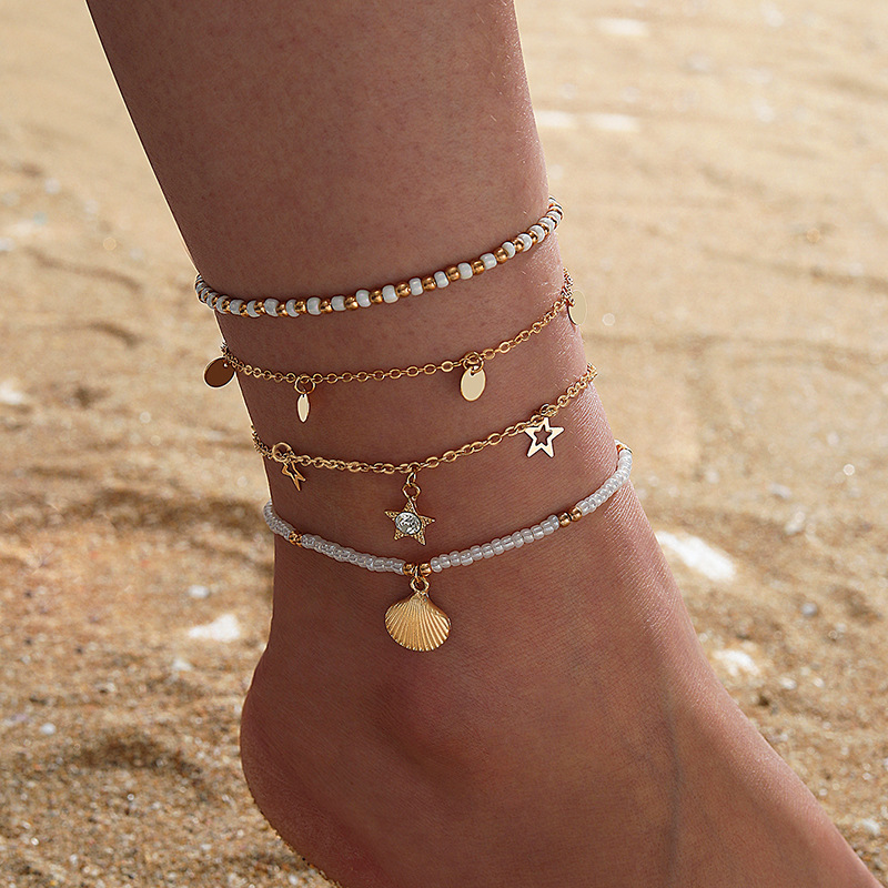 Bohemian Ornament Beaded Xingx Round Anklet Four-piece Pearl Shell Anklet Set display picture 1