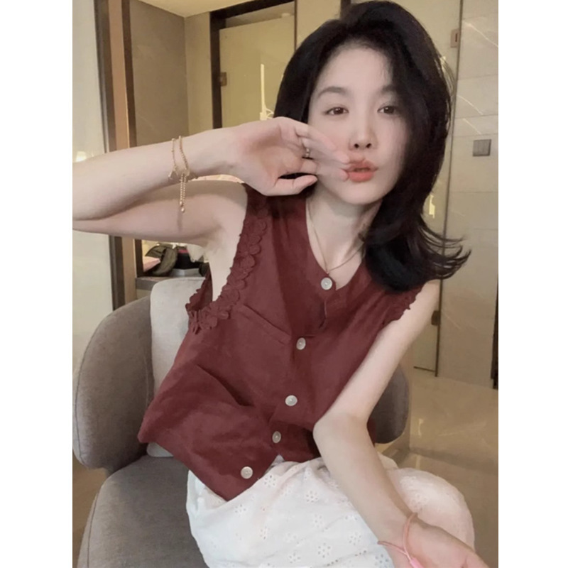ノースリーブベスト綿とリネンのベストシャツ女性の夏のデザインニッチトップフレンチユニークでシックなラミーシャツ|undefined