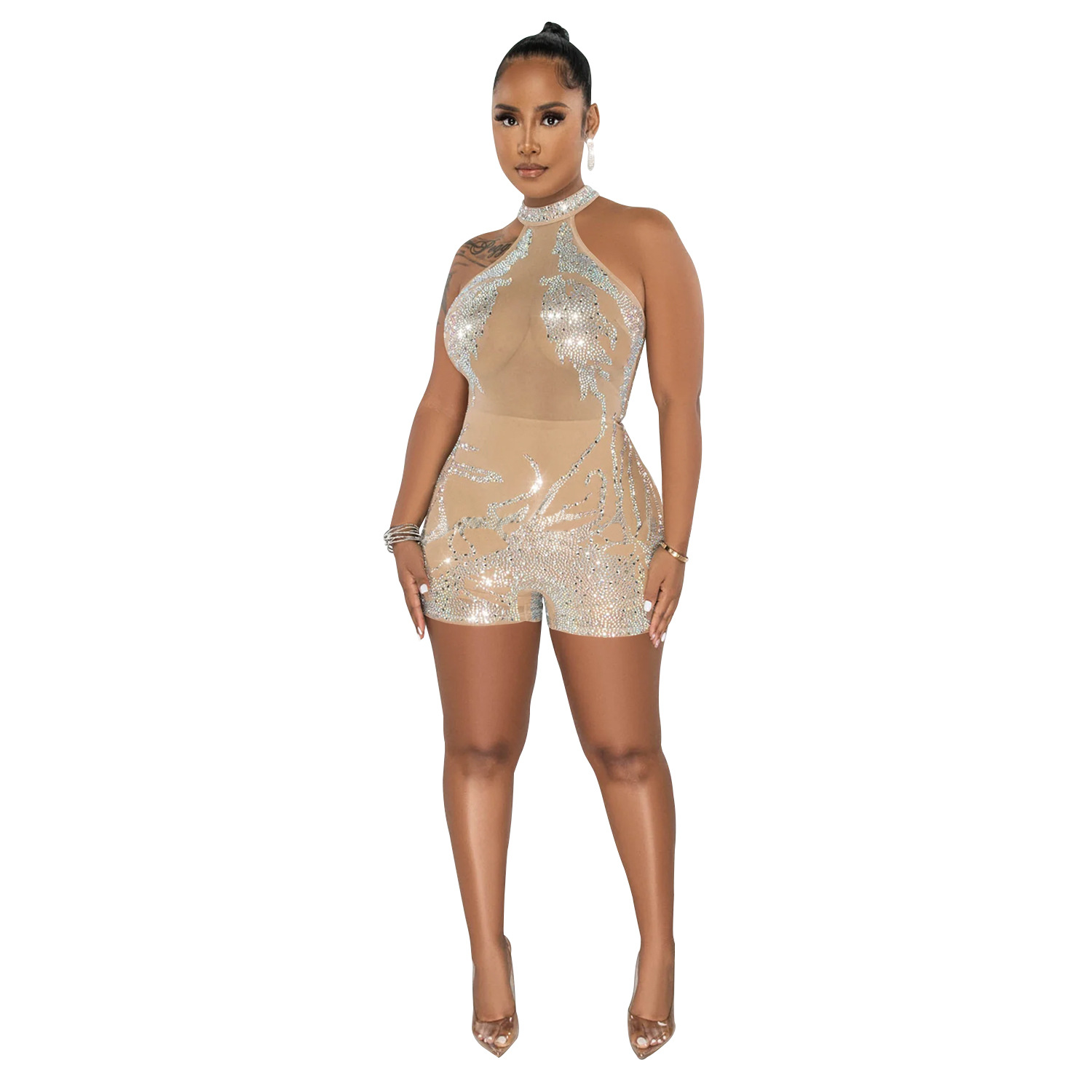 C6265 transfronteriza AliExpress Amazon europeo y americano moda mujer malla perspectiva rhinestone sin mangas pantalones cortos mono