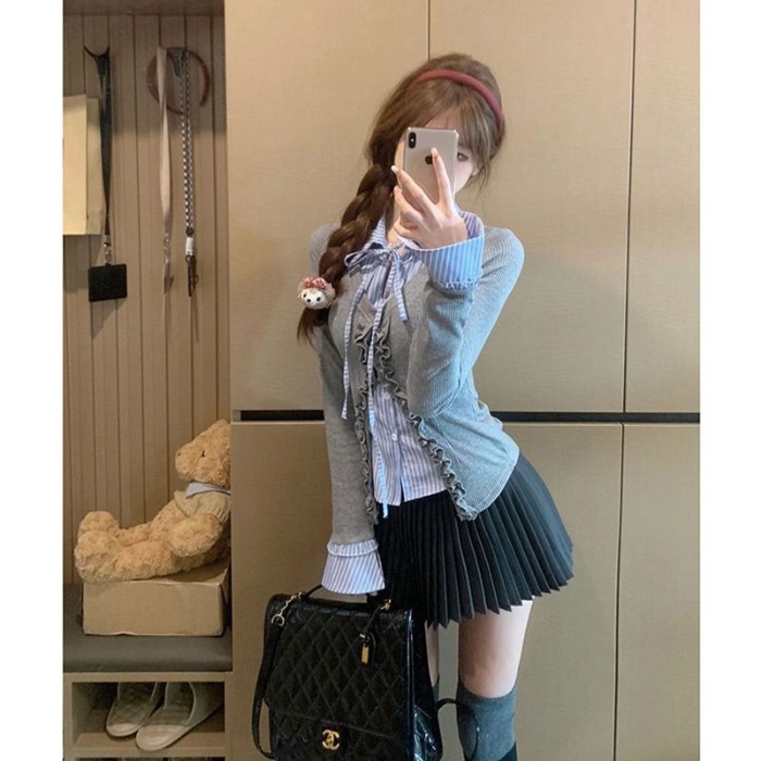 早秋新款法式复古气质小个子减龄假两件长袖拼接衬衫百褶裙两件套|undefined