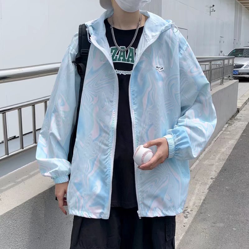 High Street Tie-Dye Jacket Men's Trendy Brand Ins Spring and Summer Thin Sun Protection Clothes Hip-Hop Style Gradient Color Hooded Jacket for Men