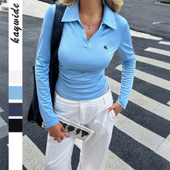 跨境欧美Y2K辣妹风纯色长袖衬衫T恤女装2025秋冬亚马逊外贸独立站