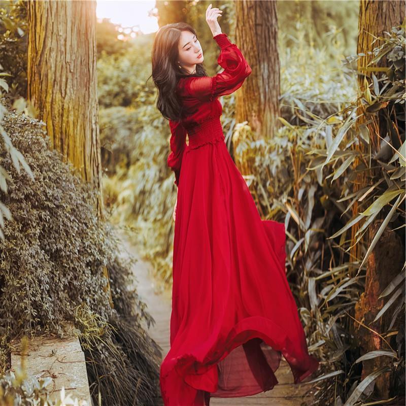 Summer retro red shiffon long-sleeve