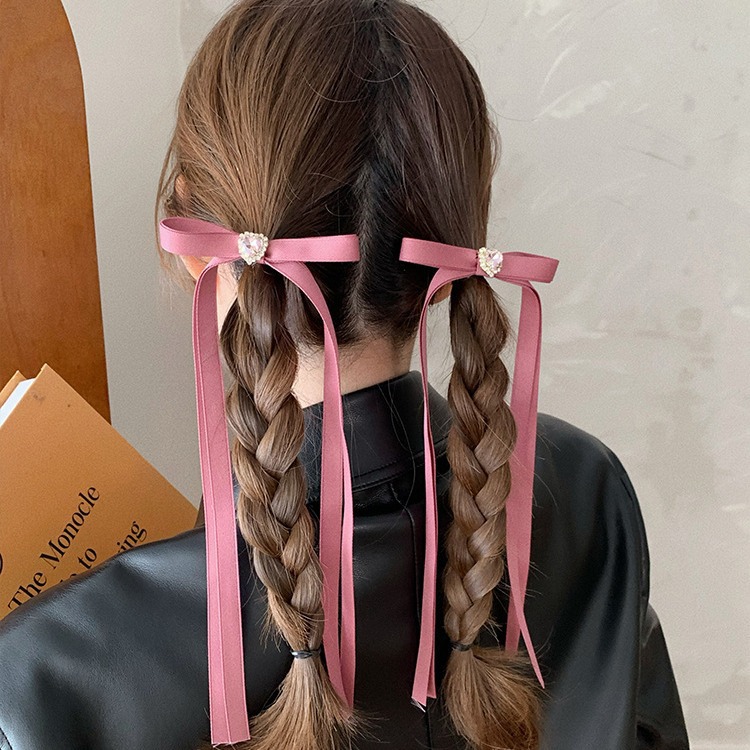 芭蕾少女风简约双层飘带蝴蝶结爱心钻双马尾发绳发夹甜美别针发饰