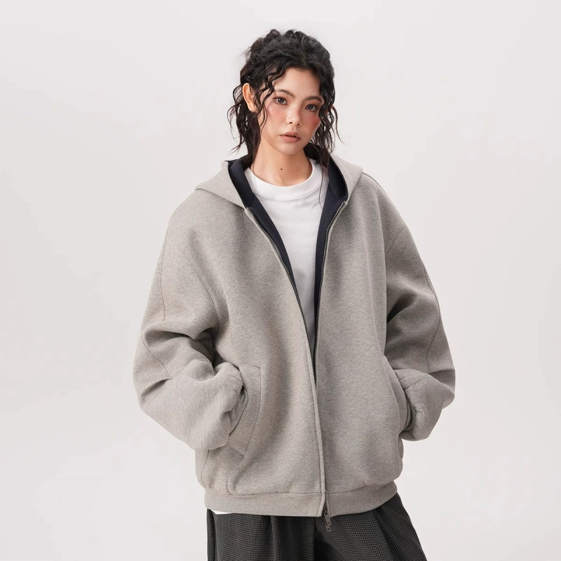 Кофта‑худи на молнии, оверсайз американский стиль, весенняя, M–2XL, серый/чёрный